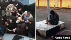 راست: خدانور لجهای، معترض زاهدانی که مأموران مقابل دستان بسته او لیوانی آب قرار داده بودند؛ چپ: تعرض مامور حکومتی به زن معترض