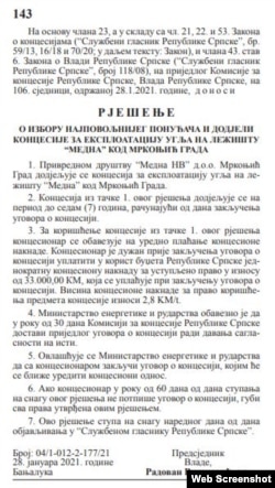 Rješenje o dodjeli koncesije kompaniji "Medna NV" iz Službenog glasnika RS, 28. januar 2021.