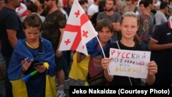 Дети с флагами Украины и Грузии на акции в Батуми, 31 июля
