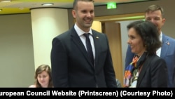 Прем’єр-міністр Чорногорії Мілойко Спаїч і міністерка закордонних справ Бельгії Аджа Лябіб, Брюссель, 26 червня 2024 року