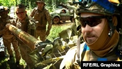 Бійці мінометної батареї Дніпропетровської ОБр ТРо ЗСУ заряджають міні-«град». Праворуч військовослужбовець з позивним «КВН» (колаж)