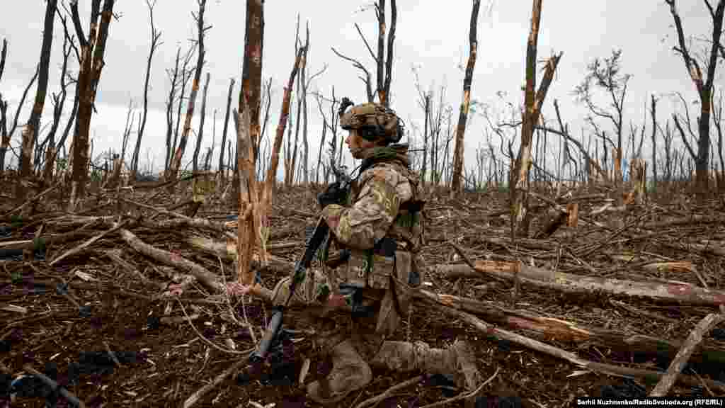 Боец 10-й отдельной горно-штурмовой бригады ВСУ «Эдельвейс» на занятых во время штурма позициях Вооруженных Сил РФ
