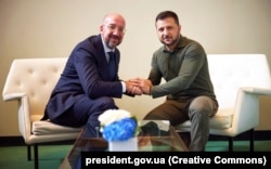 Президент України Володимир Зеленський (праворуч) і президент Європейської ради Шарль Мішель. Нью-Йорк, 19 вересня 2023 року