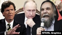 Такер Карлсон, Володимир Путін і Олександр Дугін (колаж)