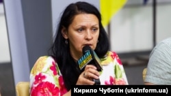 Виконавча директорка ГО «Медійна ініціатива за права людини» Тетяна Катриченко під час презентації розслідування про масове вбивство «азовців» в Оленівській колонії №120. Київ, 26 липня 2023 року