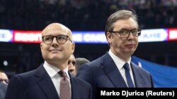 Premijer u ostavci Miloš Vučević i predsednik Srbije Aleksandar Vučić na predizbornom skupu Srpske napredne stranke, 2. decembar 2023.