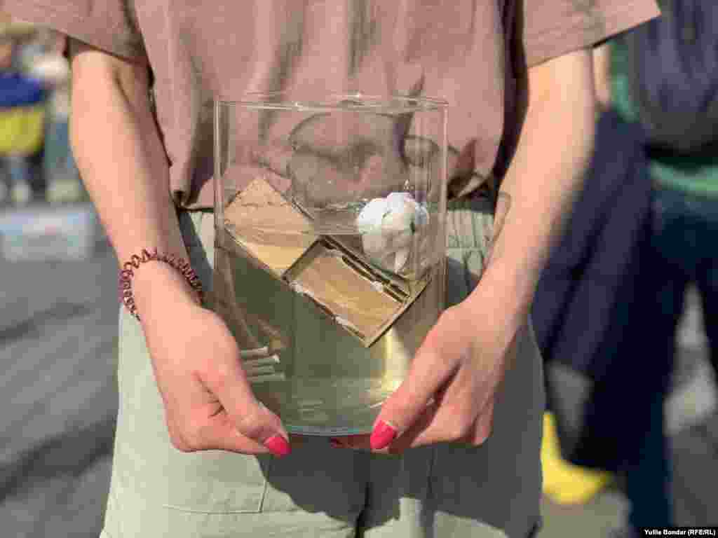 Інсталяції складалися з того, що прозору тару наповнювали водою, в якій плавали іграшкові тварини та будинки      