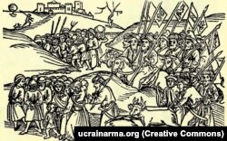 Татари женуть ясир, зображення з угорської хроніки XV століття