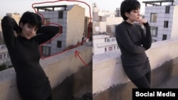 تصویری از نیکا شاکرمی، با پسزمینه ساختمانی که ماموران مدعی هستند از آنجا به پایین پریده