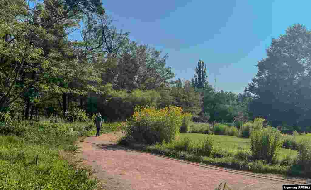 Рабочий сада тянет водопроводный шланг по аллее цветочной поляны. Симферополь, середина июля 2024 г.