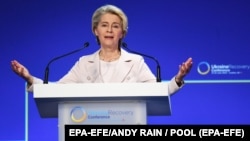 Президентка Єврокомісії Урсула фон дер Ляєн на попередній конференції з питань відновлення України, архівне фото