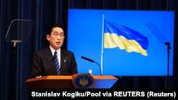 Прем’єр-міністр Японії Фуміо Кісіда на пресконференції у річницю масштабного вторгнення Росії до України. Токіо, 24 лютого 2023 року
