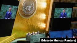 Міністр закордонних справ України Дмитро Кулеба під час виступу на засіданні Генеральної асамблеї ООН, Нью-Йорк, 22 лютого 2023 року