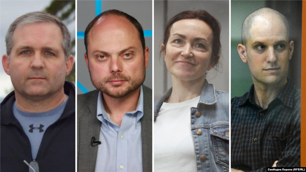 На фото звільнені окрім інших 1 серпня 2024 року в історичному, як його вже встигли назвати ЗМІ, масштабному обміні ув'язненими між країнами Заходу та Росією, Пол Вілан, Володимир Кара-Мурза, Алсу Курмашева та Еван Гершкович (зліва направо)