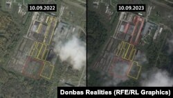 2544 Центральна база резерву танків МО РФ у Красноярському країн з різницею у рік. У виділених квадратах зберігаються танки. Червоним виділено стоянки, що стали пустими, та танки, що готуються до утилізації. Жовтим – танки, що перебувають на зберіганні. Їх на базі понад 200