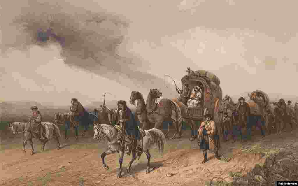 Караван крымских татар, путешествующий по равнине в Крыму. Книга под названием «Прекрасные виды и достопримечательности Крыма» вышла в свет в 1856 году. В том же году крымские картины Боссоли были выставлены на обозрение любознательной публики в Лондоне