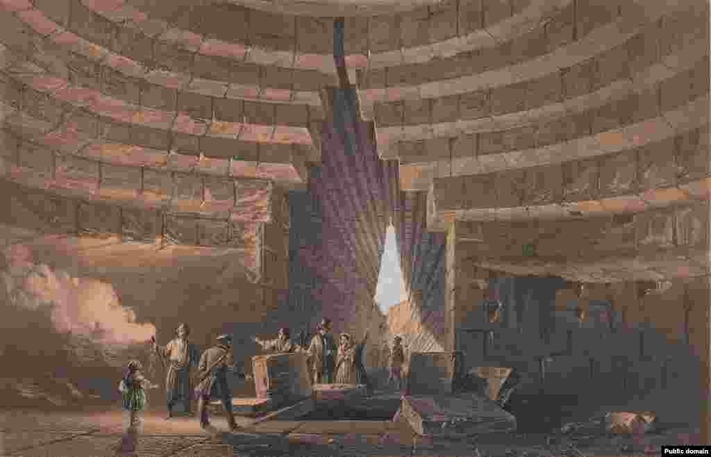 «Могила Митридата» на побережье Крыма вблизи города Керчь. Считается, что эта гробница была построена для останков царя Спартокидов, фракийской династии, правившей Крымским полуостровом около 2200 лет назад. К тому времени, когда Боссоли рисовал ее, она уже давно была разграблена расхитителями гробниц