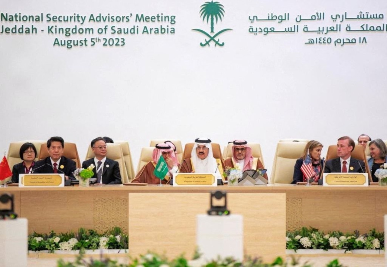 Representatives from China, the U.S., and Saudi Arabia attend talks to make a headway towards a peaceful end to Russia's war in Ukraine, in Jeddah, Saudi Arabia, August 6, 2023