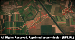 Фортифікації в районі села Філатівка, червоним виділені ділянки, що з'явилися на території після березня 2023 року