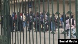 Sstudents at Tehran University gather to protest against its mandatory-hijab policy on April 25.