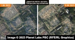 Порівняння вигляду наметового містечка вагнерівців у селі Цель під Осиповичами. Ліворуч – супутниковий знімок за 1 серпня 2023 року, праворуч – за 9 вересня 2023 року