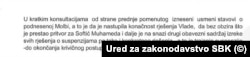 Dio pisanog mišljenja Ureda za zakonodavstvo Vlade SBK o ukidanju Softićeve suspenzije, 13. mart 2024.