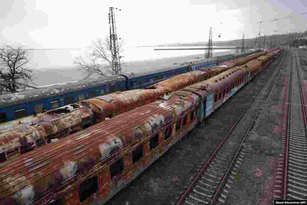 This photo of burned-out railway cars on Mariupol’s main beach, and a partly frozen Sea of Azov, was taken on February 25, 2023.