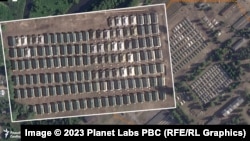 Возможный полевой лагерь на территории воинской части № 61732 у деревни Цель Осиповичского района Могилевской области. Снимок сделан 30 июня 2023 года