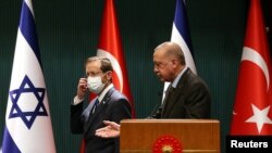 نشست خبری مشترک رجب طیب اردوغان و اسحاق هرتزوگ، روسای جمهور ترکیه و اسرائیل در آنکارا، سال ۲۰۲۲