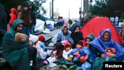 Группа мигрантов ожидает возможности пересечь границу из Греции в Македонию, 27 ноября 2015 г.