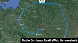 Маршрут Донецьк-Київ, який пропонують перевізники. Якщо прокласти його по прямій, то це приблизна відстань від Харкова до Лісабона.