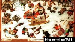 A painting by Russian artist Irina Yemelina depicting scenes from the classic fairy tale known as Emelya And The Pike.