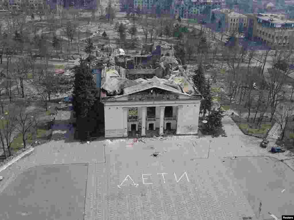 The Mariupol theater in April 2022, after a reported missile or shelling attack destroyed the historic building and killed many inside. 