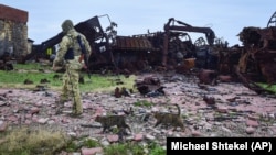 Український військовий в оточенні котів гуляє на фоні пошкодженої російської військової техніки на острові Зміїний, у Чорному морі, 18 грудня 2022 року, ілюстративне фото