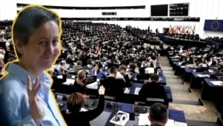 Комбіноване фото – журналістка Мзія Амаглобелі на тлі Європарламенту