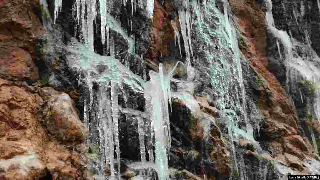 Образовавшиеся на стеблях травы сосульки похожи на ледяного «паука»