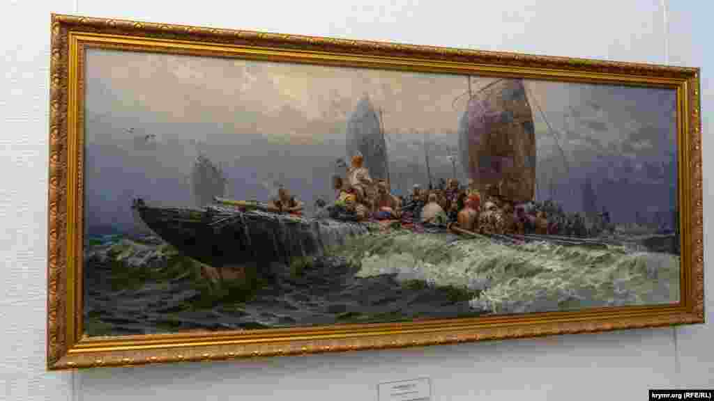 «К родным берегам» – работа известного украинского мастера станковой живописи Льва Ходченко (1912-1998). Сюжет исторический – запорожцы на своих боевых чайках возвращаются из военного похода по Черному морю к родным днепровским берегам. Работы Ходченко ныне хранятся в галереях Киева, Львова, Симферополя, а также частных коллекциях в Украине, России, Великой Британии, Канады, США, Польши, Японии, Китая, Израиля и многих других стран