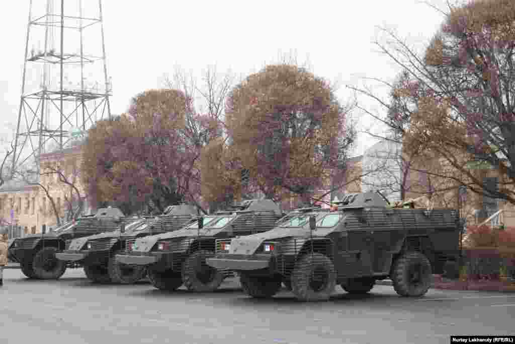 A row of armored vehicles on Almaty's Republic Square on January 5. 