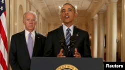 Президент США Барак Обама выступает в Восточном крыле Белого дома на пресс-конференции, посвященной соглашению по ядерной программе Ирана