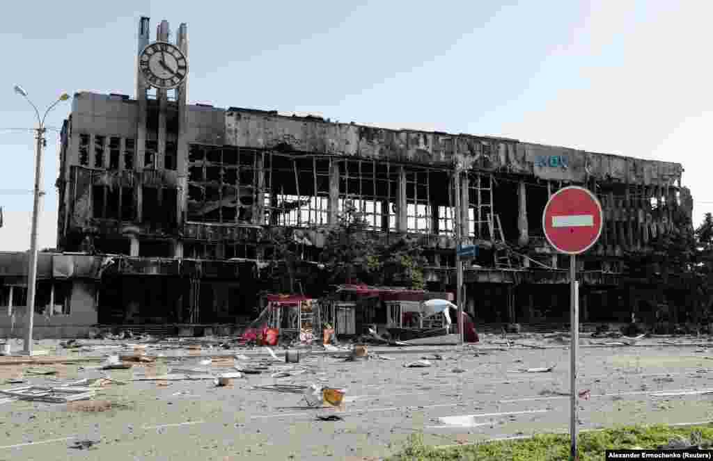 Mariupol's railway station in April 2022. The station is situated just one kilometer from the Azovstal factory, where Ukrainian fighters are making their last stand against pro-Russian forces in the city. 