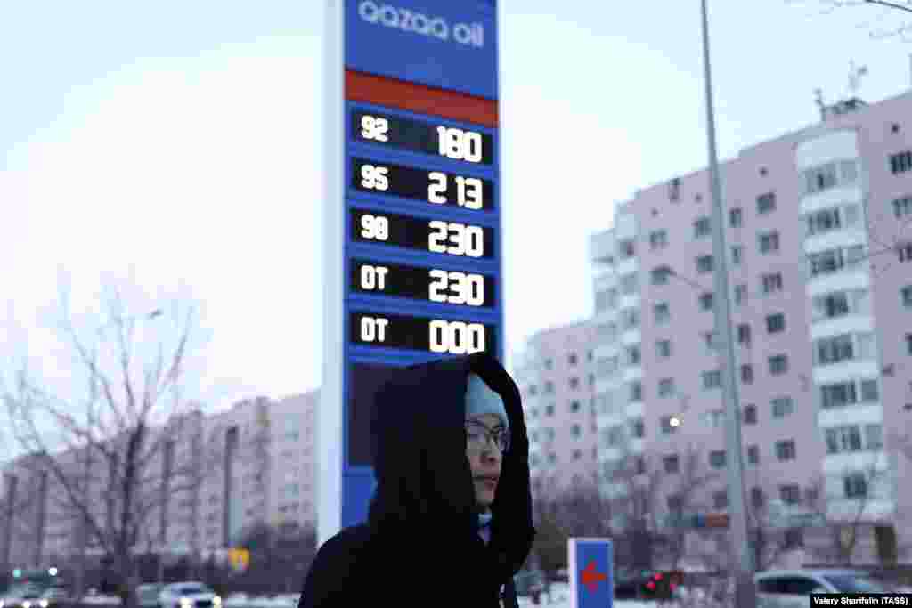 The price board at a gas station seen in Nur-Sultan on January 5. The issue of gas prices for liquefied petroleum gas is a critical issue for many Kazakhs as most cars in the west of the Central Asian country run on this fuel. 
