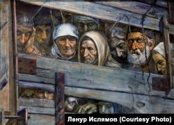 Рустем Емінов. Картина "Поїзд смерті". Кримських татар везли в Сибір і Середню Азію у товарних вагонах, без їжі і води. Дорогою багато людей померли, особливо малих дітей і стариків
