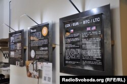 На стендах у Bitcoin Coffee можна прочитати про діяльність інституту, а також ознайомитися з інструкціями обміну грошей на криптовалюту