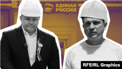 Евгений Кабанов и Леонид Бабашов на фоне символики партии «Единая Россия», коллаж