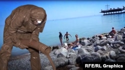 Фотоколаж: співробітник російської МНС очищує Ялту після паводка та відпочивальники на забрудненому узбережжі