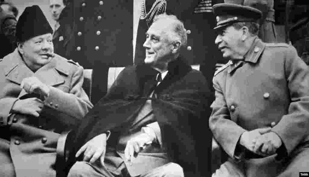 In February 1945, the leaders of the three main Allied powers met at a former tsarist palace outside the Crimean town of Yalta to discuss the final stages of the war against Germany and Japan and the postwar order. The meeting resulted in such key decisions as the agreement to accept only the unconditional surrender of Germany and to divide the country and the city of Berlin into four occupation zones. The Allies agreed to German reparations, including the use of forced labor. The Allies agreed to hand over to the Soviets all Soviet citizens regardless of their wishes. Stalin agreed to join the United Nations and to allow free elections in Poland. He also agreed that the Soviet Union would enter the war against Japan within 90 days after Germany&#39;s defeat. (British Prime Minister Winston Churchill (left), U.S. President Franklin Roosevelt (center), and Soviet leader Josef Stalin at the Yalta Conference in February 1945)