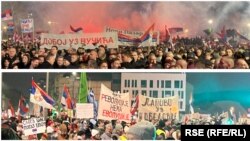 Skup vlasti u Sremskoj Mitrovici (gore) i protest na poziv studenata u Kragujevcu (dole), 15. februara 2025.