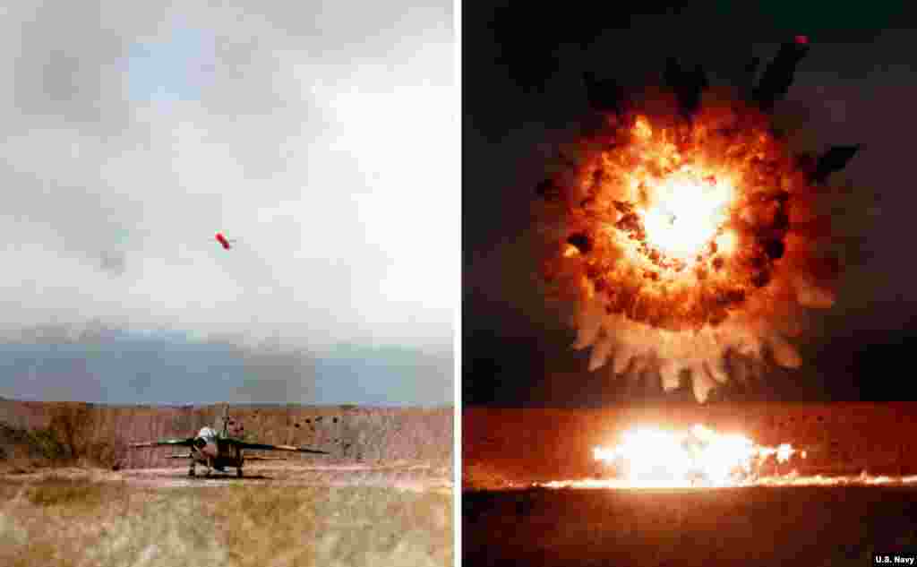 На фотографиях запечатлен взрыв "Томагавка" над самолётом во время испытаний в 1986 году. Ракета длиной 5,5 метра оснащена боеголовкой весом почти полтонны и может пролететь около 1600 километров.