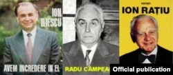 Afișe cu candidații de la alegerile din mai 1990: Ion Iliescu (FSN), Radu Câmpeanu (PNL) și Ion Rațiu (PNȚCD).