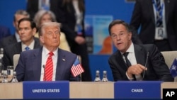Президент США Дональд Трамп (слева) и генеральный секретарь НАТО Марк Рютте на пленарном заседании Североатлантического альянса в рамках саммита НАТО в Гааге. Нидерланды, 25 июня 2025 года.